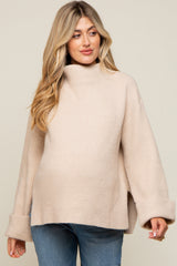 Beige Mock Neck Chunky Knit Maternity Sweater