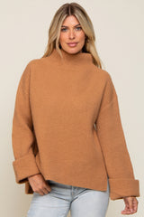 Camel Mock Neck Chunky Knit Maternity Sweater