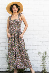 Black Sleeveless Floral Smocked Ruffle Maternity Jumpsuit