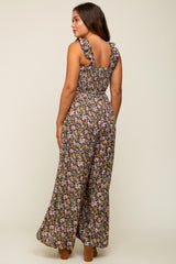 Black Sleeveless Floral Smocked Ruffle Maternity Jumpsuit