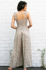 Beige Sleeveless Floral Smocked Ruffle Jumpsuit