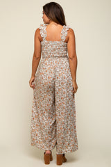 Beige Sleeveless Floral Smocked Ruffle Maternity Jumpsuit