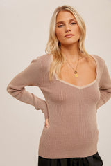 Mocha Ribbed V-Neck Long Sleeve Top