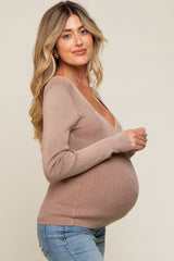 Mocha Ribbed V-Neck Long Sleeve Maternity Top