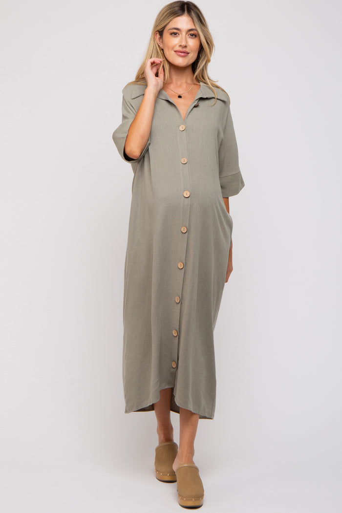 Olive Oversized Button Down Maternity Midi Dress