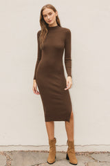 Brown Ribbed Fitted Mock Neck Long Sleeve Maternity Midi Dress