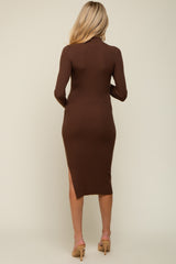 Brown Ribbed Fitted Mock Neck Long Sleeve Maternity Midi Dress