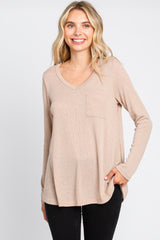 Beige Ribbed Knit Maternity Long Sleeve Top