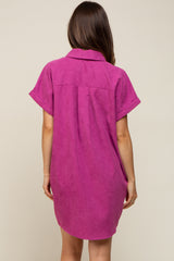 Magenta Ribbed Button Down Maternity Mini Dress