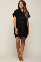 Black Ribbed Button Down Maternity Mini Dress