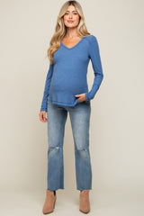 Blue Long Sleeve Knit Curved Hem Maternity Top