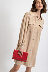 Beige Vintage Wash Maternity Shirt Dress