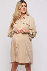 Beige Vintage Wash Maternity Shirt Dress