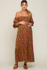 Red Floral Long Sleeve Maternity Maxi Dress