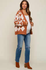 Camel Argyle Button Front Maternity Cardigan
