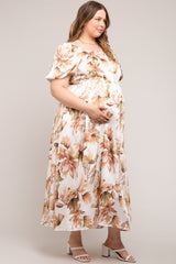 Cream Floral Satin Puff Sleeve Maternity Plus Maxi Dress