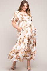 Cream Floral Satin Puff Sleeve Maternity Plus Maxi Dress