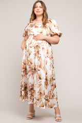 Cream Floral Satin Puff Sleeve Maternity Plus Maxi Dress