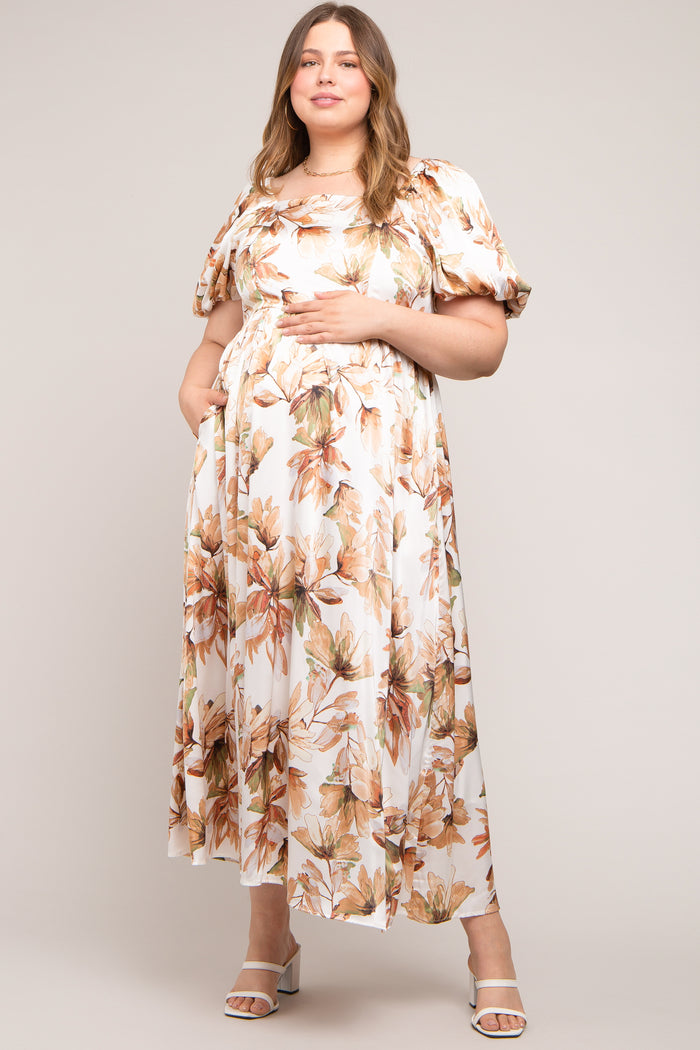 Cream Floral Satin Puff Sleeve Maternity Plus Maxi Dress
