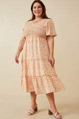 Peach Floral Tiered Plus Midi Dress