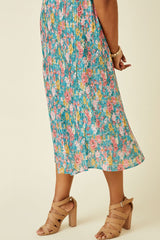 Teal Floral Pleated Plus Size Midi Dress