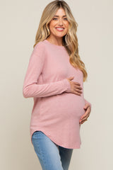 Light Pink Long Sleeve Curved Hem Maternity Top