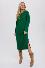 Hunter Green Waffle Knit Button Long Sleeve Maternity Midi Dress