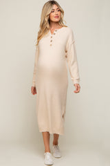 Cream Waffle Knit Button Long Sleeve Maternity Midi Dress