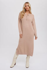 Taupe Waffle Knit Button Long Sleeve Midi Dress