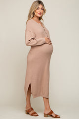 Taupe Waffle Knit Button Long Sleeve Maternity Midi Dress