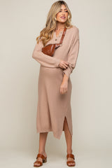 Taupe Waffle Knit Button Long Sleeve Maternity Midi Dress