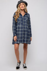 Navy Plaid Button Front Long Sleeve Maternity Dress