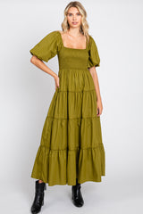 Light Olive Square Neck Smocked Puff Short Sleeve Tiered Midi Dress