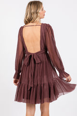 Plum Pleated Knotted Long Sleeve Dress