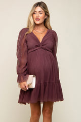 Purple Pleated Knotted Long Sleeve Maternity Dress