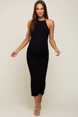 Black Rib Knit Cutout Criss Cross Back Maternity Maxi Dress