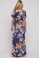 Navy Floral Wrap V-Neck Maternity Maxi Dress