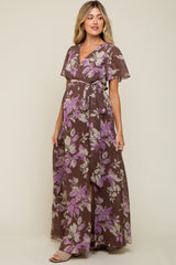 Brown Floral V-Neck Side Slit Maternity Dress