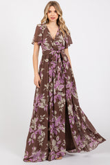 Brown Floral V-Neck Side Slit Maternity Dress