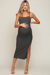 Black Striped Sleeveless Fitted Maternity Maxi Dress