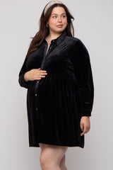 Black Velvet Button Down Maternity Plus Mini Dress