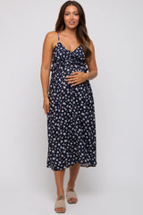 Black Floral Ruffle Accent Maternity Midi Dress