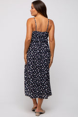 Black Floral Ruffle Accent Maternity Midi Dress
