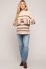 Beige Striped Mock Neck Maternity Sweater