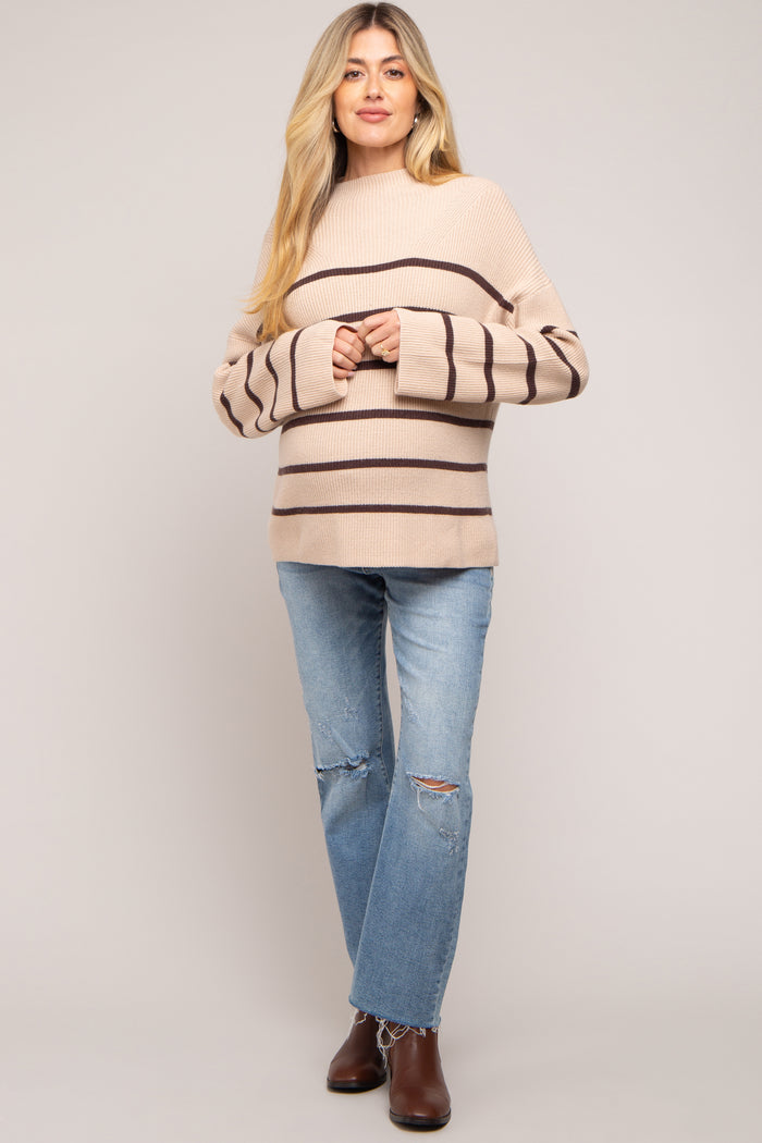 Beige Striped Mock Neck Maternity Sweater
