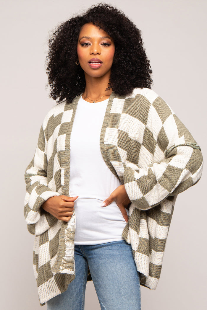 Olive Checkered Print Oversized Cardigan