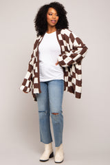 Brown Checkered Print Oversized Cardigan