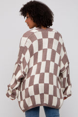 Taupe Checkered Print Oversized Cardigan