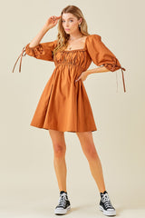 Rust Ruched Puff Sleeve Maternity Dress