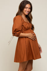 Rust Ruched Puff Sleeve Maternity Dress